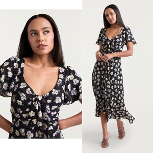 NWT Cinq a Sept Isha Midi Dress Navy Floral Tie Neck Flutter Sleeve US 4